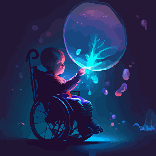 a small boy in a wheelchair holding up a glowing viral vector in the palm of his hand