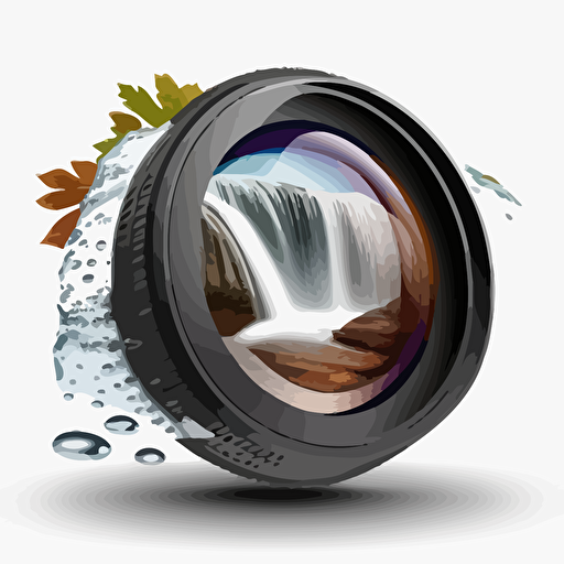 Vector illustration of a lens, waterfall inside the lens, nothing outside, white background, super clean logo