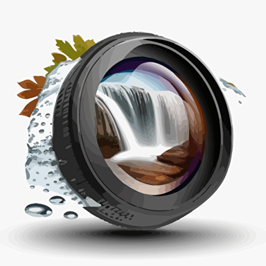 Vector illustration of a lens, waterfall inside the lens, nothing outside, white background, super clean logo