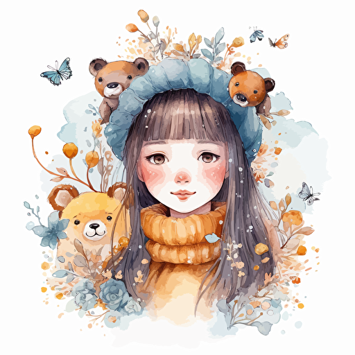 Chinese cute girl and bear and bees winter illustrations detailed, cartoon style, 2d watercolor clipart vector, cozy, creative and imaginative, hd, white background