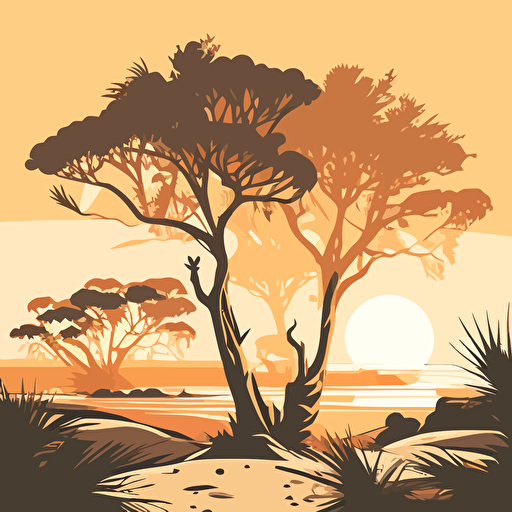 vector image with 3 color monotone golden hour, nature, trees, beach, calm and peaceful, faded edge