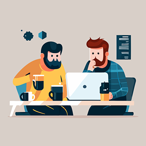 software agency flat vector, 2 developers pointing at notebook, drinking coffee and discuss a bug, in the style of behance