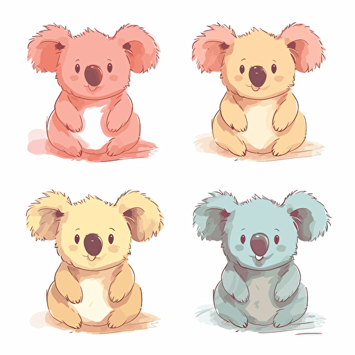 cute smiling koalas set of 4 colorful illustration, flat colors, vector, detailed, white background