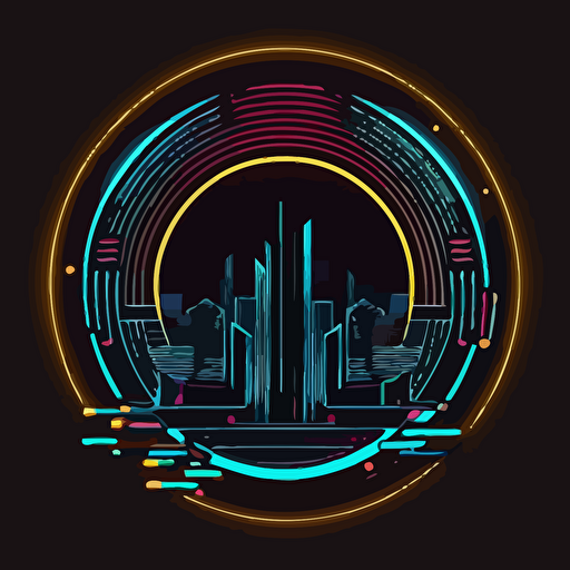 logo futuristic detailed neon lights simple circle illustration cartoon vector, skypunk architecture abstract, shapes, simple, one color