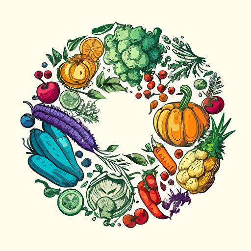 bright colored fruits and vegetables in a circle in doodle style. Vector drawing on a white background