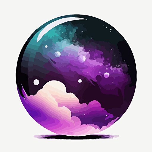 very simplified vector logo of a glass orb containing a purplish, starry cloud of gas similar to a nebula black and white, white background