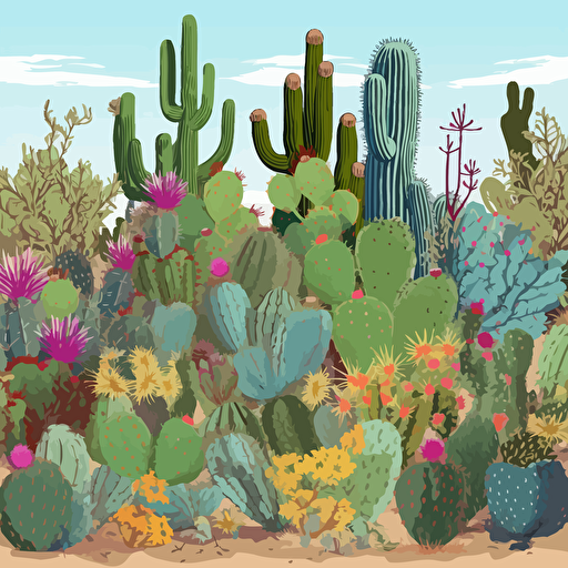 vector illustration of a cactus garden in bloom
