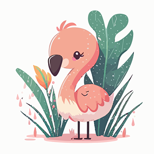 Vector cute kawaii flamingo, white background, tall grass,pastel colors,winking,looking at the camera,thick legs ,clip art,no background