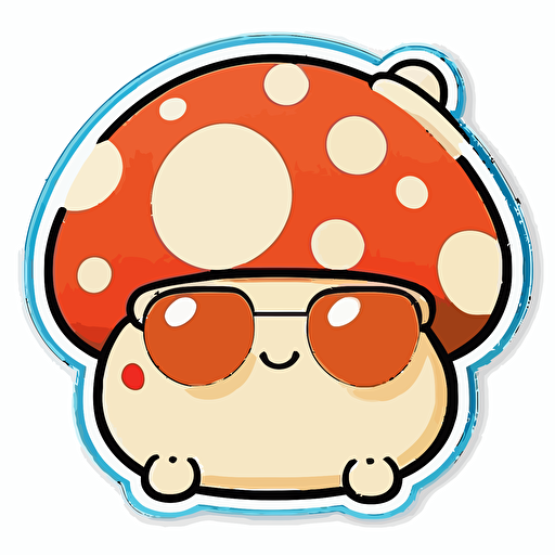 sticker, happy toadstool mushroom with sunglasses, kawaii, contour, vector, white