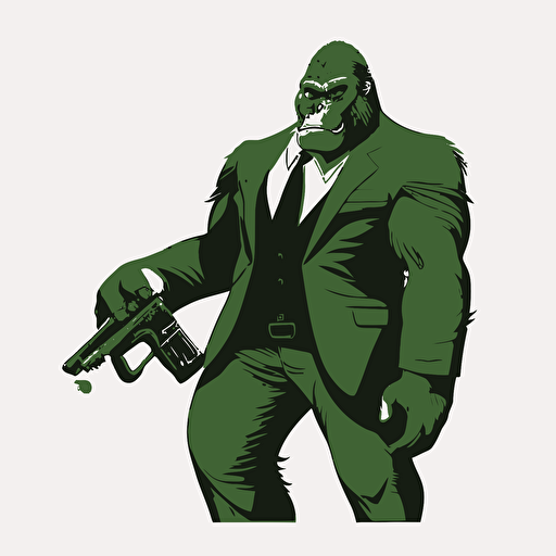 vector illustration of a gorilla in a green tuxedo and a machine gun