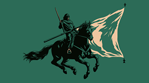 lord of the rings style flag with galloping horse with soldier on horseback, simple vector EPS, soldier is pioneer with musket and rifle