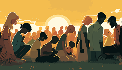 Vector Art, WIDE ANGLE shot with considerable depth of field between the foreground and background. The Sun is starting to set on a warm summer day. Soft, richly colored image focusing on a small group of modern day Christians of all ages and genders, who've gathered casually to pray, They are attired for the summer. They are huddled together, with heads bowed, praying and holding each other's hands facing the beautiful sun as it begins to set on the horizon.