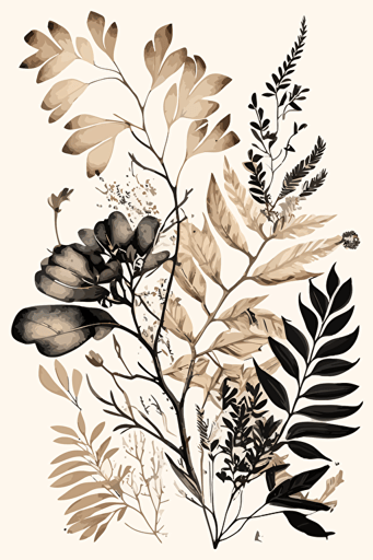 beige and black watercolour botanical illustration, vector