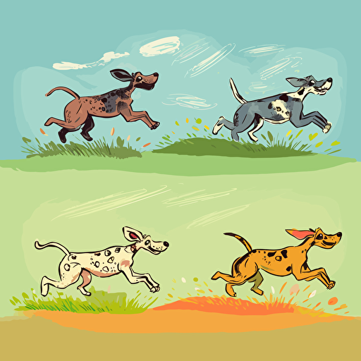 Four playful and cheerful cartoon dogs running and playing in a green field, each with unique markings and colors, against a bright blue sky, hand-drawn and colorful, simple clean vector