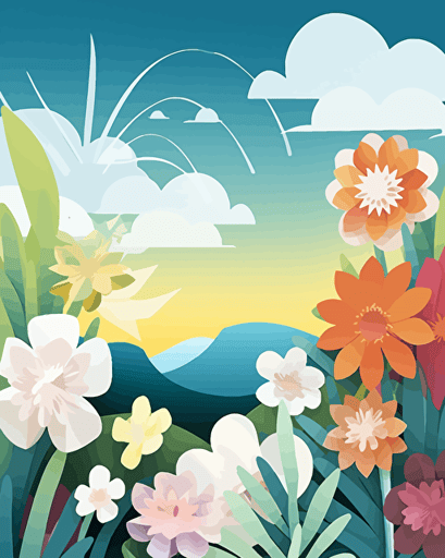 Children’s artwork, Cut Paper style, blue sky and white clouds, hawaii flowers, low detail, lots of depth, pastel colors, vector