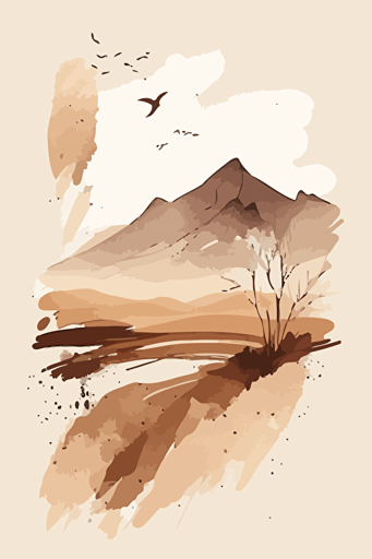 Brown and beige watercolour landscape, minimalist, vector, contour