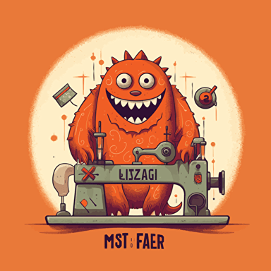 flat vector, logo, a nice tailor monster, sewing professional, next to sewing machine, happy, warm colors