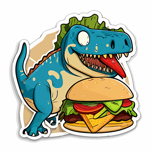 blue dinosaur and burger:sticker,illustration ,vector ,cartoon style