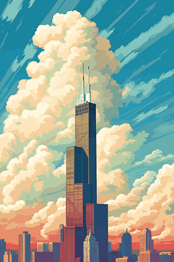 vector art, sears tower, clouds