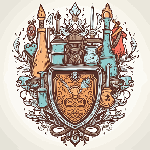 Digital illustration of coat of arms with thin black outline, fantasy inspired, shield, sword, potion bottles, white background, cute, colorful, cel-shaded, in Pixar style, prop design, contour, vector art