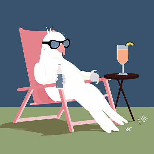 A white cockatoo wearing black rimmed sunglasses with pink lenses, laying on its back in a lawn chair drinking a single cocktail. flat style illustration for business ideas, flat design vector, industrial, light color pallet using a limited color pallet, high resolution, engineering/ construction and design, colored cartoon style, light indigo and light gold, cad( computer aided design) , white background