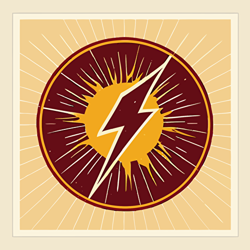 simple logo, vector small round sticker, sun with lightning bolt going through it