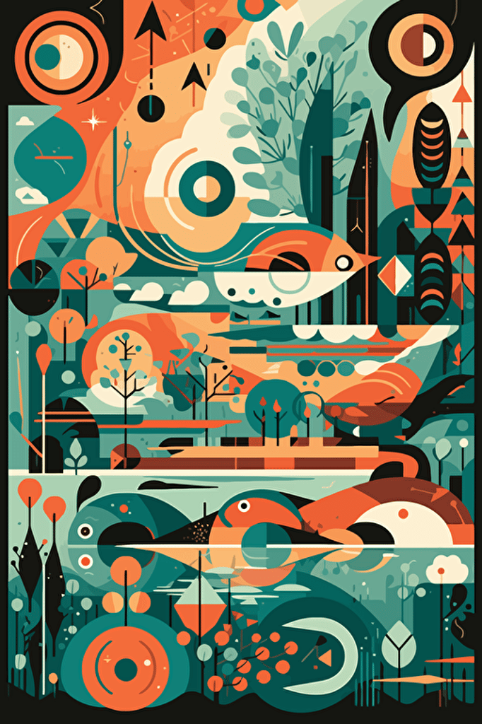 surreal shapes, 2d vector art, vibrant illustration, style of charley harper, jim shore and mary blair