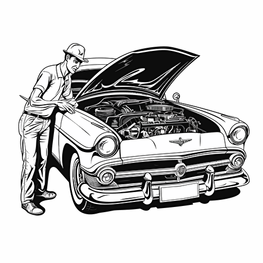 a mechanic working under the hood of a classic car, black and white design, vector isolated on white