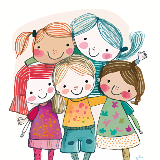 "Illustration of five cheerful Caucasian girls aged 5 to 8 years old, hugging each other and looking directly at the camera with big smiles on their faces, set against a completely blank and white background. Each girl is dressed in casual, colorful children's clothing that reflects their unique personalities. The overall style is bright and colorful, using a lively color palette and simple shapes to create an engaging and age-appropriate image that captures the joy and innocence of childhood friendships, with no other elements or distractions in the background." 2d minimalist illustration, vector