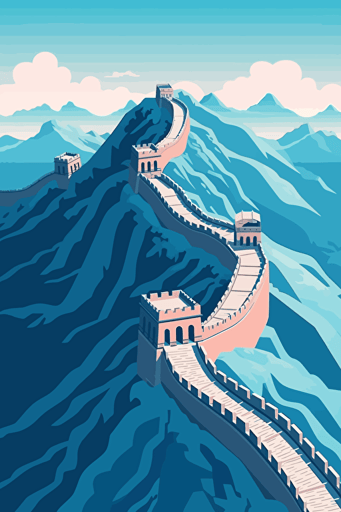 birds eye view of the great wall of china, blue sky, vector design, minimalist, flat