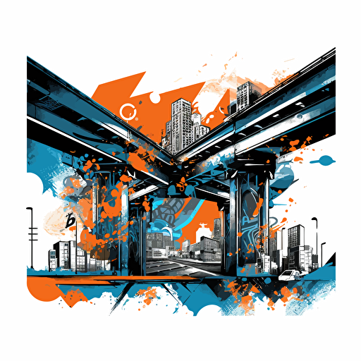 a vector image of a community building bridges, urban, blue and orange and dark gray, graffiti style