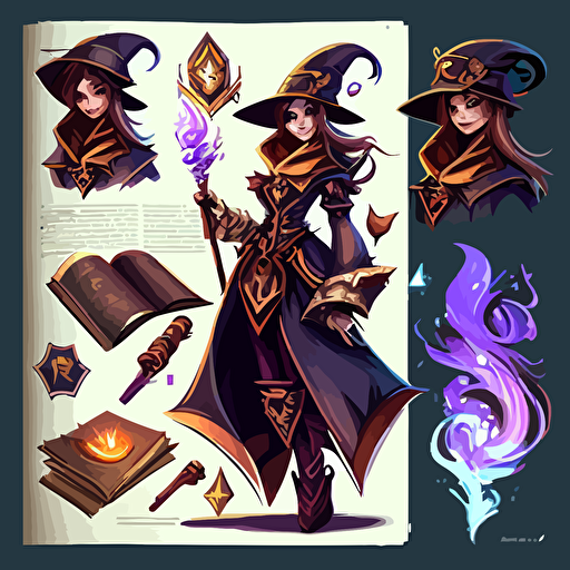 mage, league of legend style, hand painted, vectorial, design sheets for a game