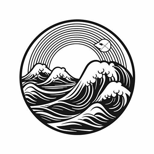 a minimalistic vector of a sun and a wave, in black and white with white background, feminine design