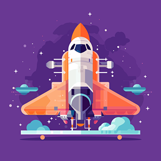 spaceship preparing for launch, 2D, vector, flat art, fedex purple and orange