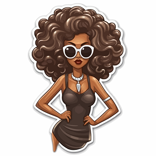 sticker vector illustration, a female stylish with diva sunglasses and diva attitude, in a dress made of delicious chocolate frosting, with hair like chocolate frosting too