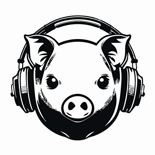 a logo for a dj, with a face of a pig with headphones around his ears, vector style, no textures and no colors, white background, simple, cute pig face