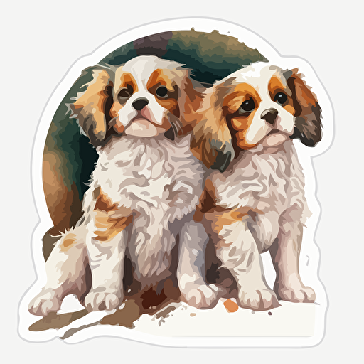 watercolor cavalier puppies playing vector art sticker