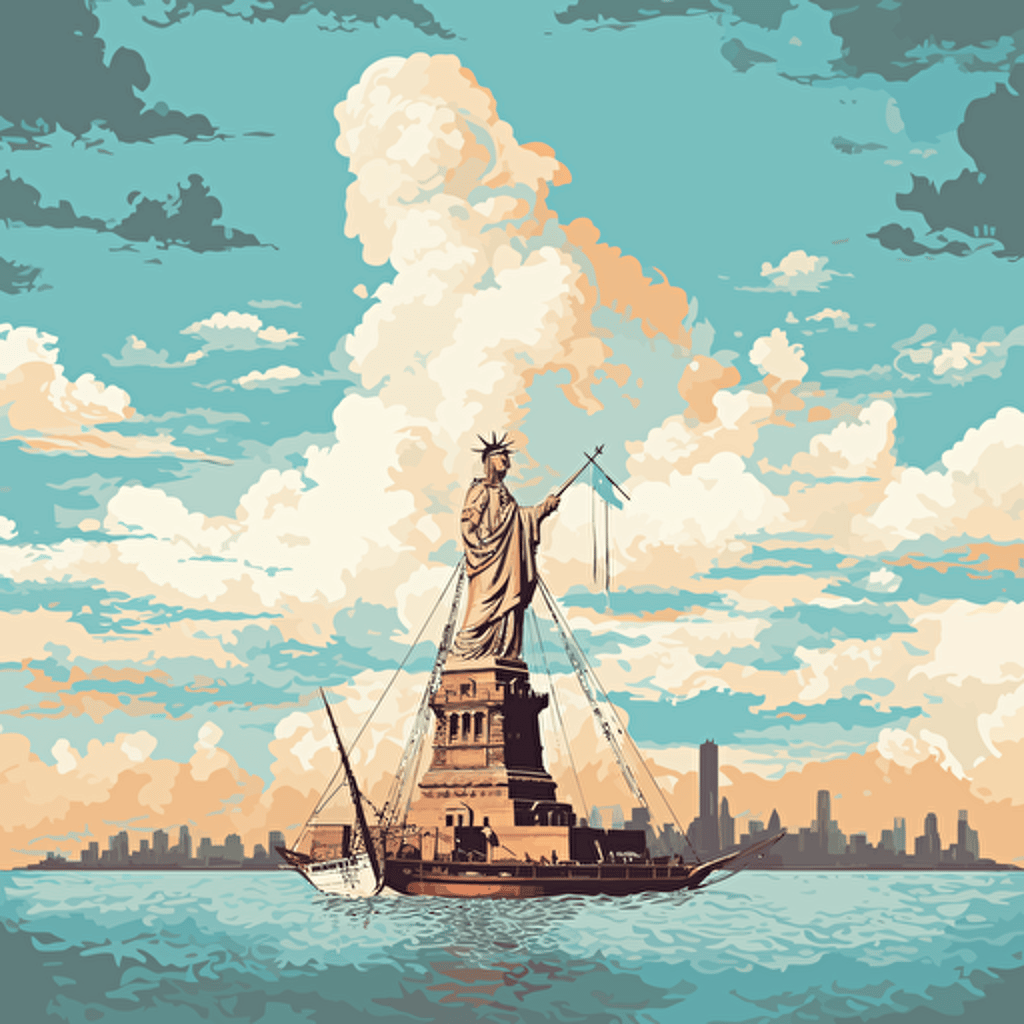 Statue of Liberty, New York skyline, 1800s, ferry, vector art, clouds