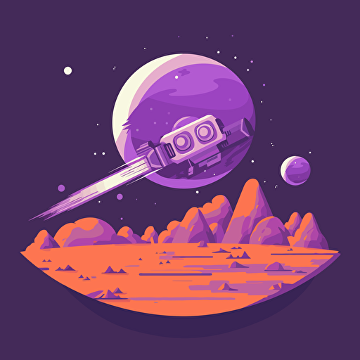 spaceship landing on moon, 2D, vector, flat art, fedex purple and orange