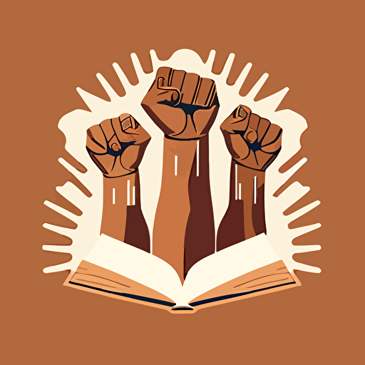 flat vector art, logo for book club, three fists in the air, white and brown peoples fists, book