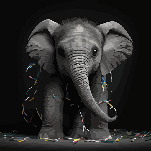 A vectorized image of a baby elephant with colorful streamers converted to black and white.