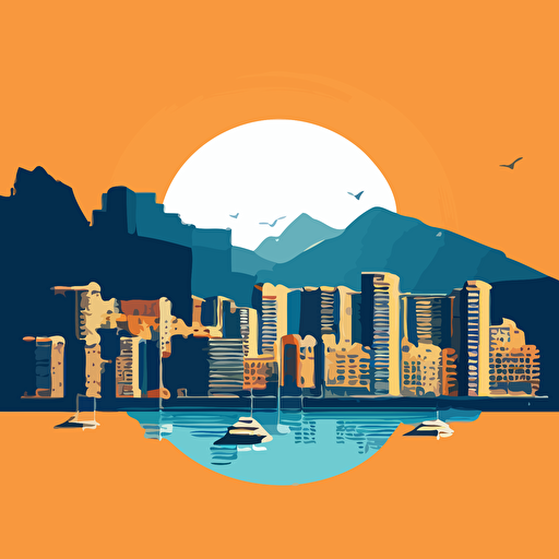 Simple vector image of the Monaco skyline, using only orange and blue colours, simple cartoon style shading, very simple, blue skies, hill, uncluttered, only 4 buildings total