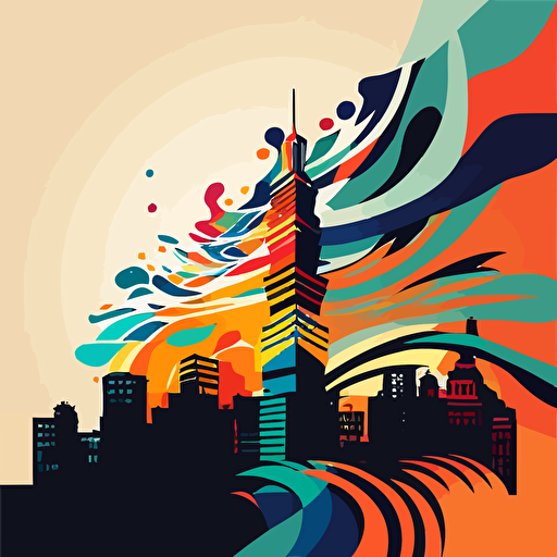 colorful vector art, taipei 101, swirls in the backgorund