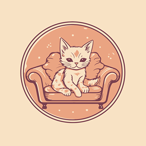 Cute kitten on sofa, circle logo, vector
