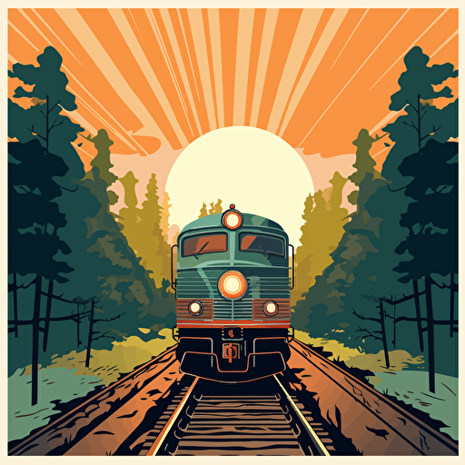 vector illustration of train, front view, sun behind and trees