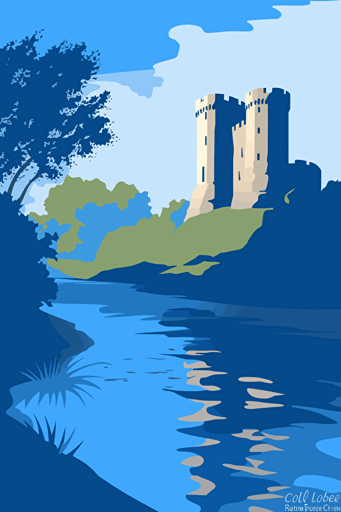 caldicot castle ancient, vector digital art, river, wistful, 1960s, vector art, blue sky,