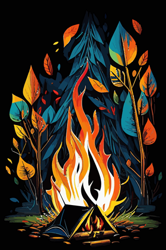 campfire, vivid colors, pop art deco illustration, hand vector art, black background,