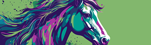 vector surreal style illustration of a horse, facing left, purple, green, and pops of green,