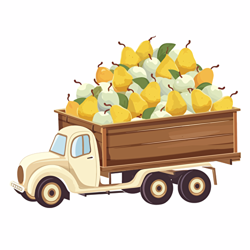 old country truck with wooden trailer full of only yellow-white pears fruit, pears falling out, colorfull, vivid colors, white background, vector style