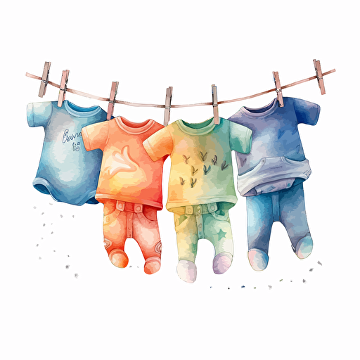cute whimsical watercolor design of baby clothes hanging on clothespin, vector
